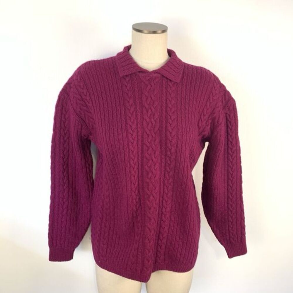 VTG Talbots Cable Knit Sweater Magenta Pink Cotton Wool Womens Large Collared